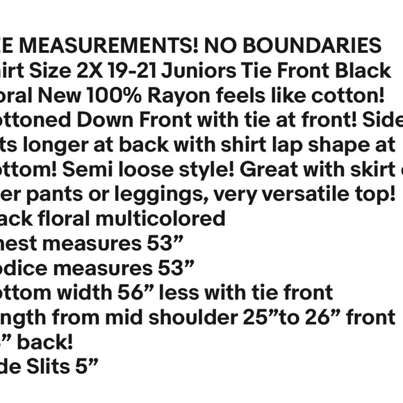 NO BOUNDARIES Shirt Size 2X 19-21 Juniors Tie Front Black Floral New - Picture 9 of 9
